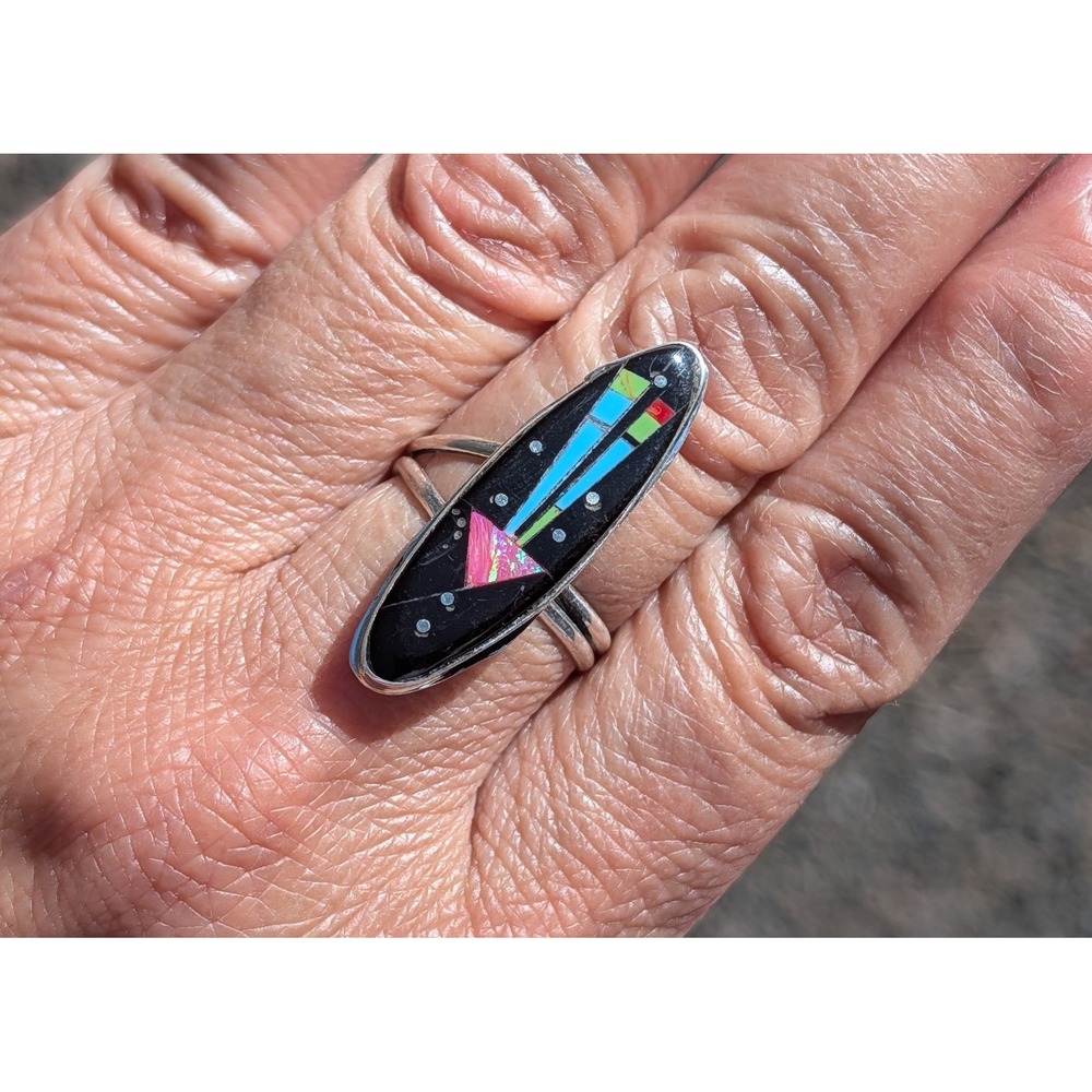 Handmade Zuni Inlay Ring by Gilbert Smith Sterling‎ Silver Native Jewelry Adj**